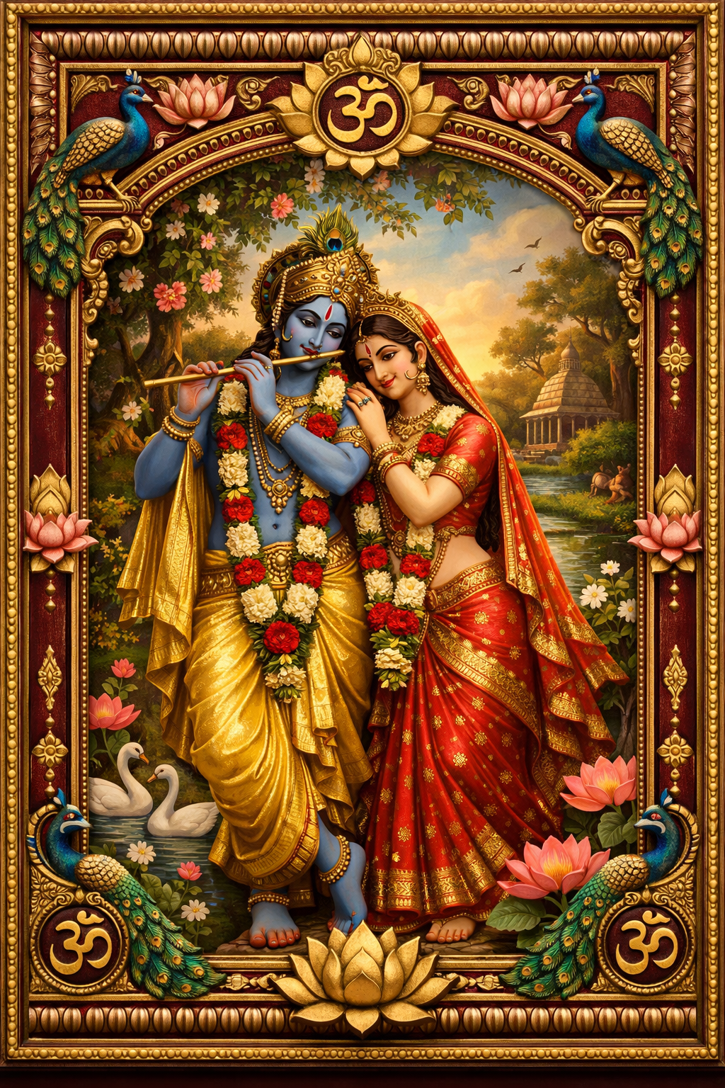 Radha Krishna in ornate maroon and gold frame with Om symbols set in Vrindavan garden scene